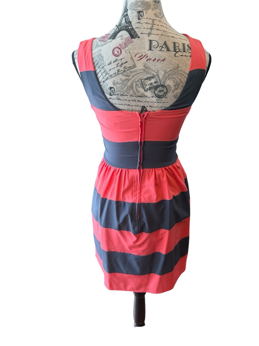 B Darlin Coral and Charcoal Striped Fit & Flare Dress - Picture 3 of 6
